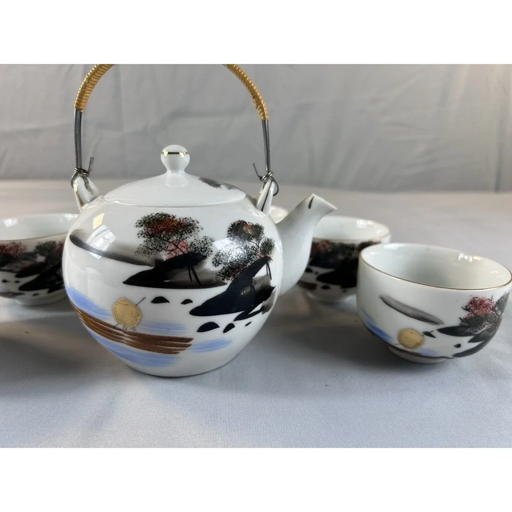 Vintage Japanese Tea Set Teapot & 6 Cups Hand Painted‎ Bamboo Handl